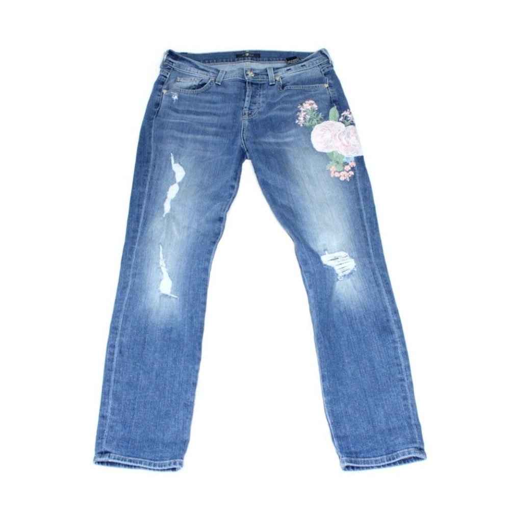 7 For All Mankind Distressed Straight Leg Flower Embroidered Jeans